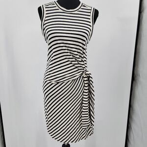 Makk Fashions Womens S Black White Stripe Sleeveless Linen/Cotton Side-Tie Dress